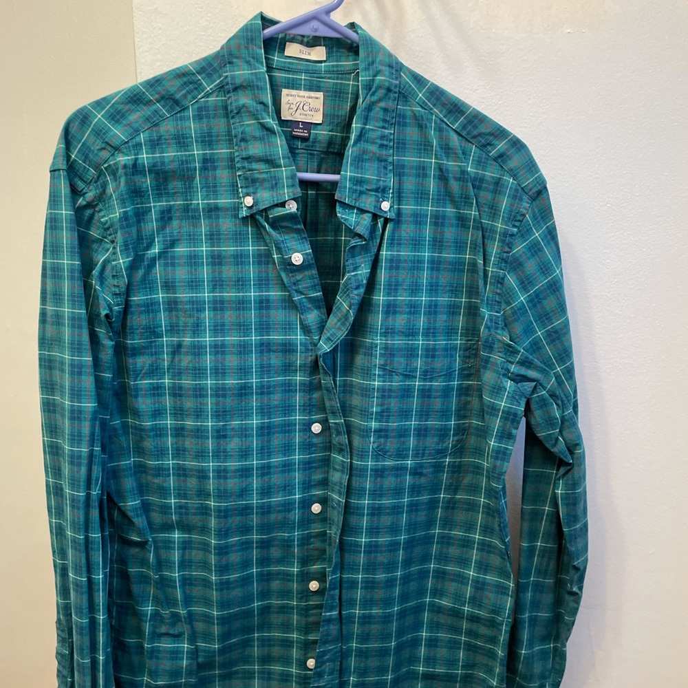 J crew men’s button down teal plaid